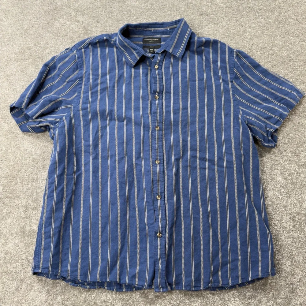 Banana Republic Shirt Mens XXL Blue White Striped Linen Blend Slim Fit 889550 06